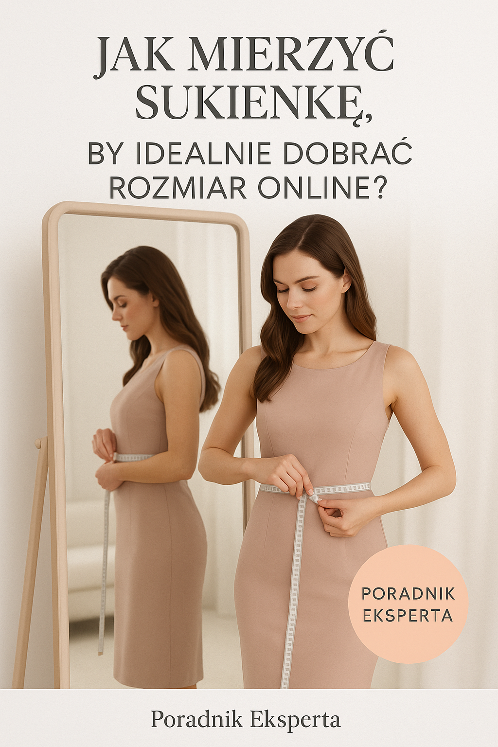 Kobieta mierząca sukienkę z miarką krawiecką - poradnik doboru rozmiaru online e-sukienki.pl