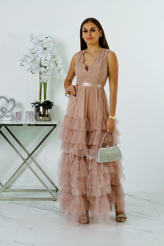 Elvira - Sukienka maxi tiulowa z falbankami beżowa na wesele
