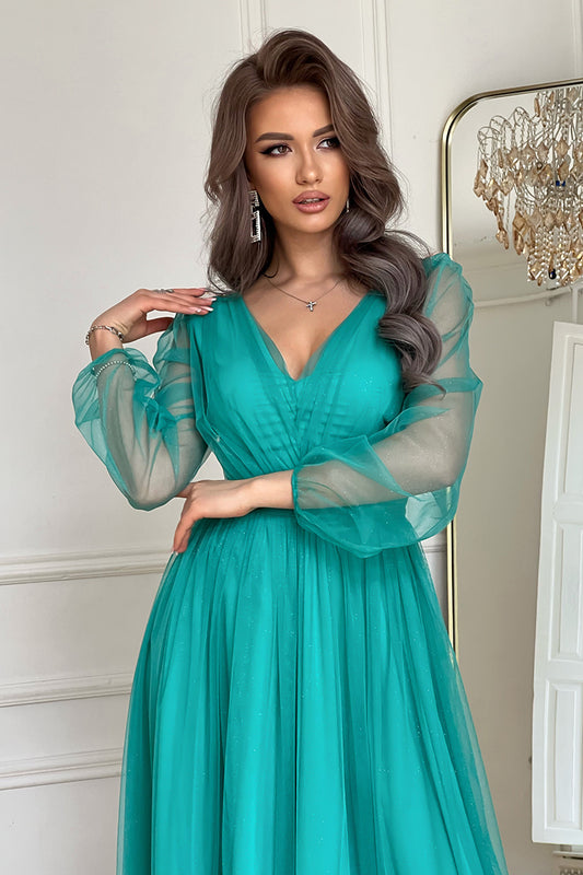 SUKIENKA MIDI Z BROKATOWĄ SIATKĄ - turkusowy