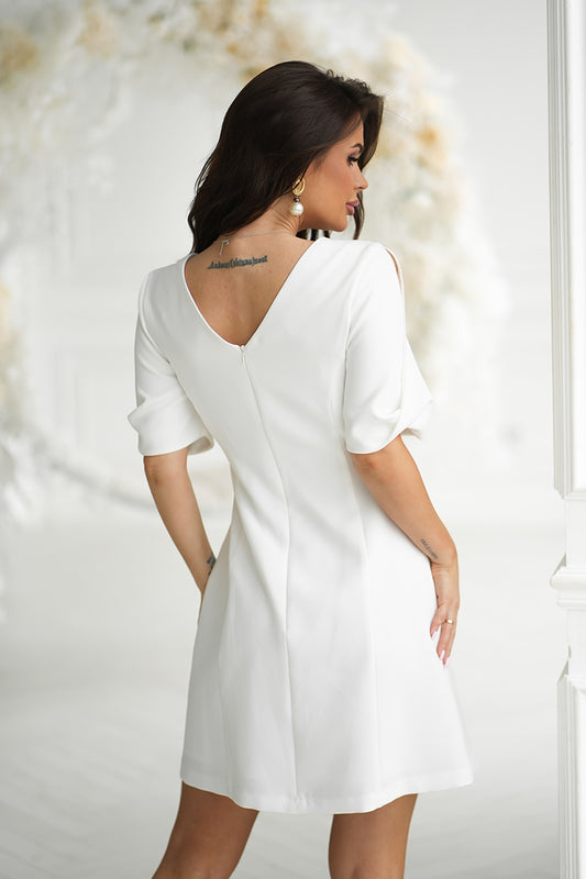 Giulia - sukienka elegancka z podszewką i ozdobnymi rękawami - ecru