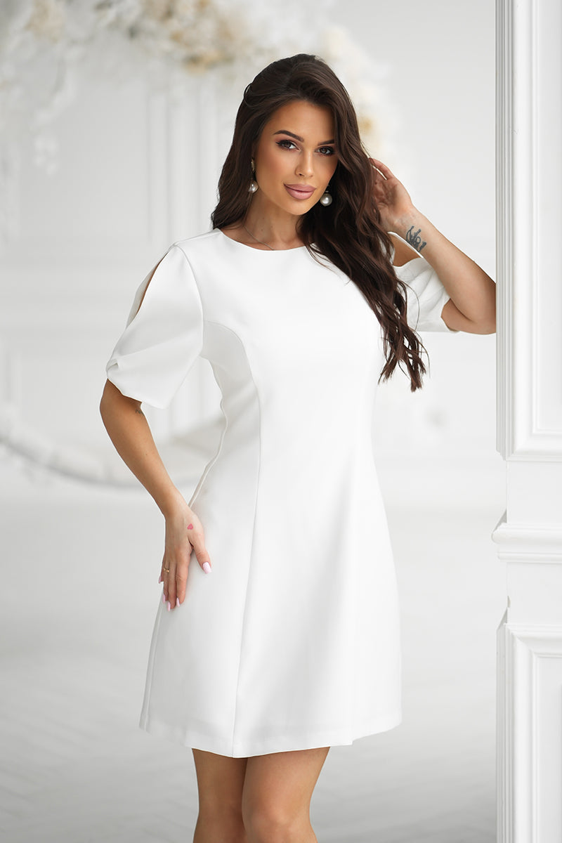 ELEGANCKA SUKIENKA A-LINE Z PODSZEWKĄ I OZDOBNYMI RĘKAWAMI - ecru