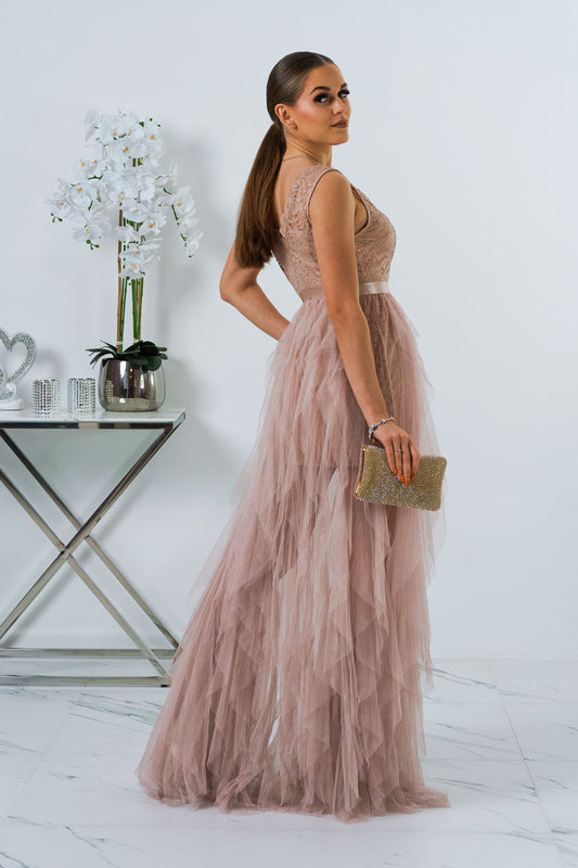 Adoria - Sukienka maxi tiulowa z koronką brudny róż na wesele