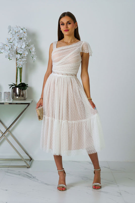 Andrea - Sukienka midi tiulowa z koronką biała