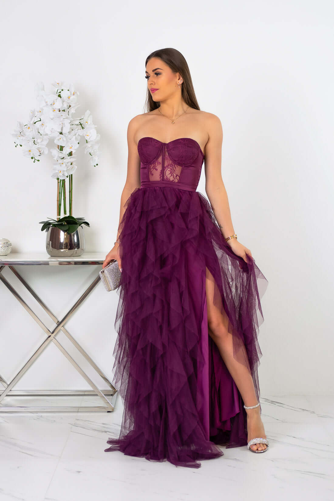 Arely - Sukienka maxi tiulowa bordowa