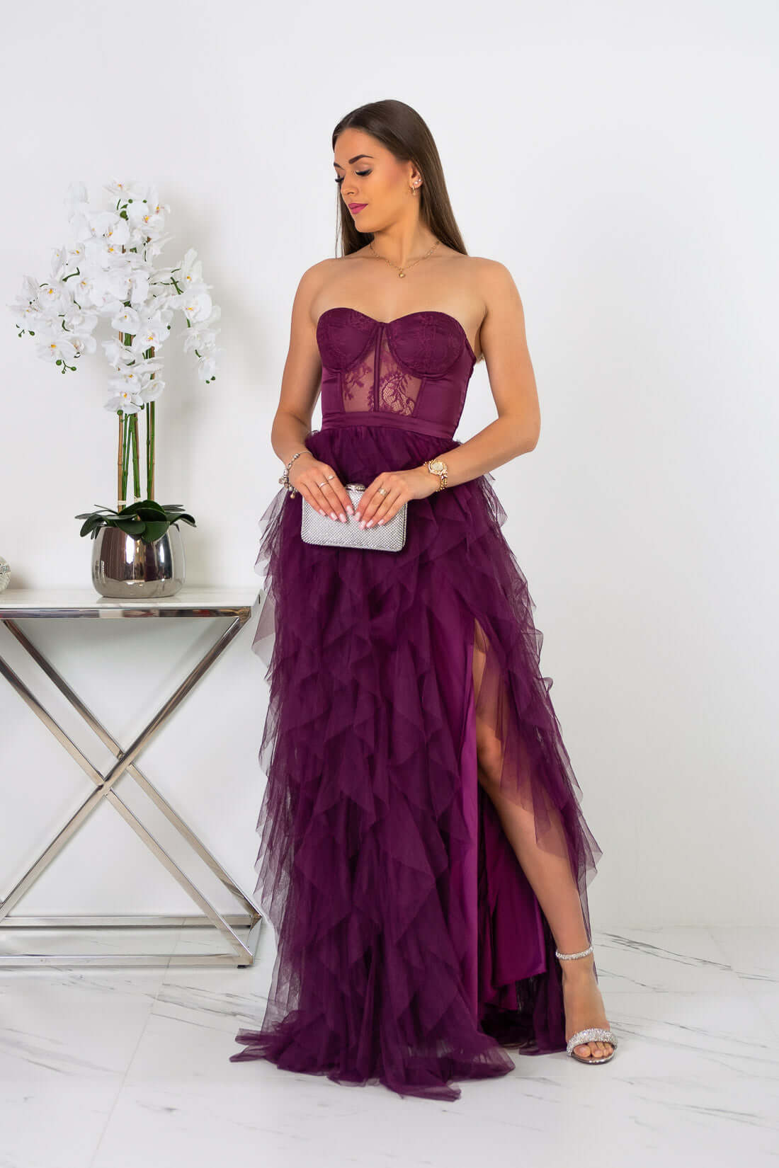 Arely - Sukienka maxi tiulowa bordowa