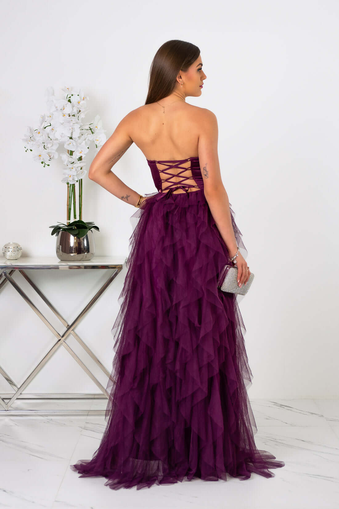 Arely - Sukienka maxi tiulowa bordowa