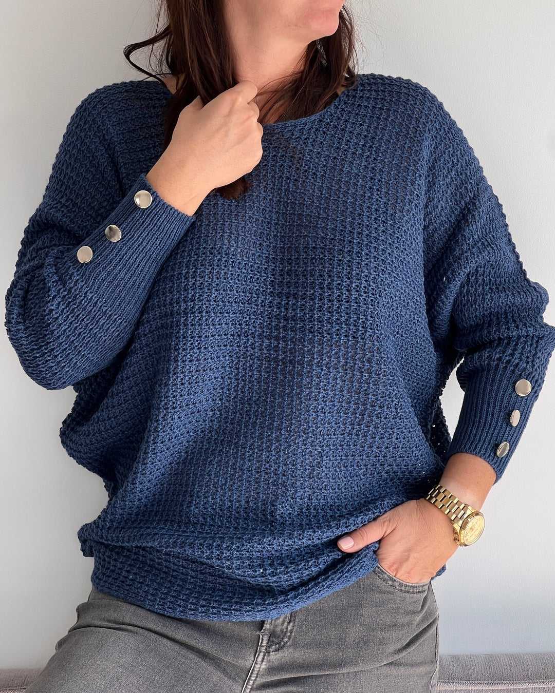 Modny Kobiecy Sweter z guzikami granatowy