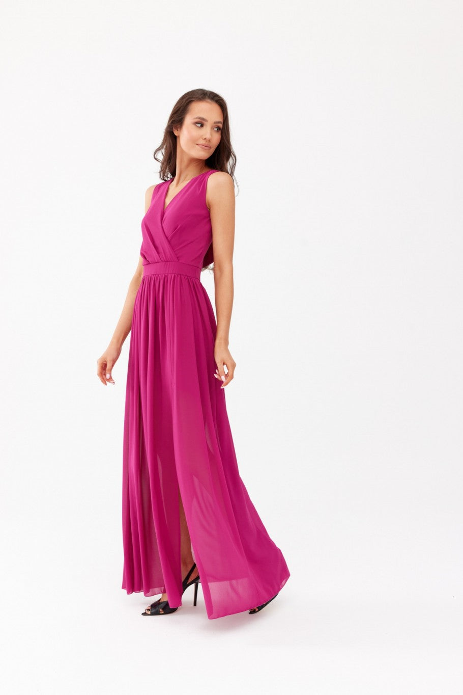 Mirabela - purpurowa sukienka maxi z kopertowym dekoltem i wiązaniem na plecach