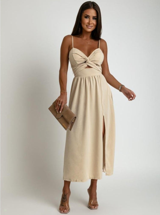 Sukienka midi lekko rozkloszowana z rozcięciem beżowa Pari