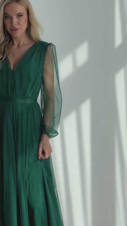 Sukienka midi rozkloszowana z brokatową siatką butelkowa zieleń Sara