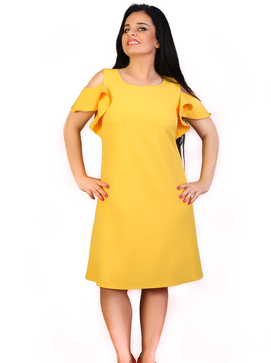 Żółta Sukienka Plus Size Trapezowa z dekoracyjnymi rękawami Suora