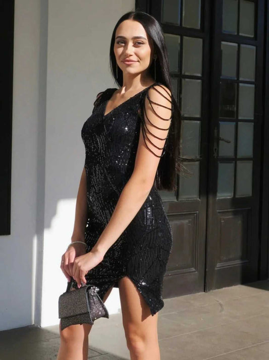  Sukienka cekinowa mini zdobiona czarna Cameleon bis
