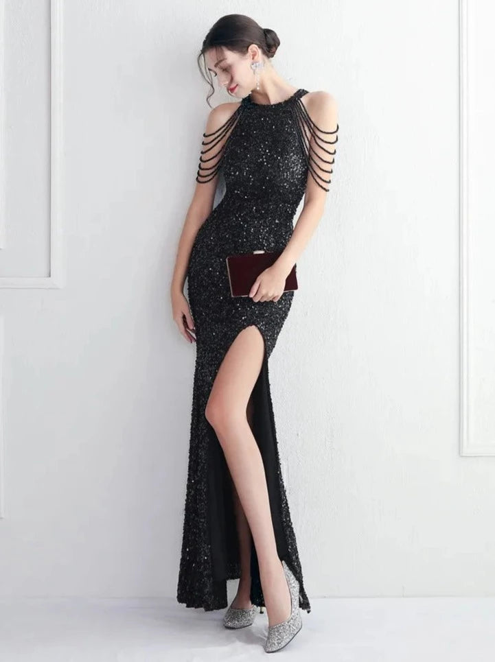 Odalis - Sukienka cekinowa długa z koralikami czarna
