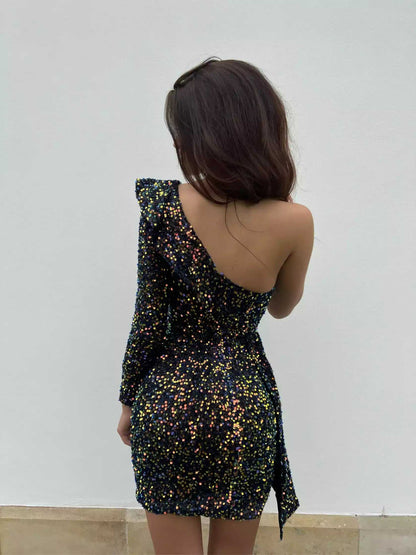 Sukienka cekinowa krótka na jedno ramię czarna-holo Malediva