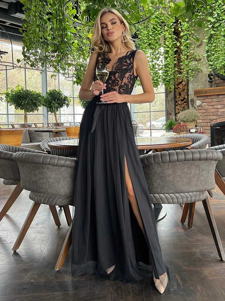 Sukienka maxi tiulowa elegancka z koronką czarna Mary