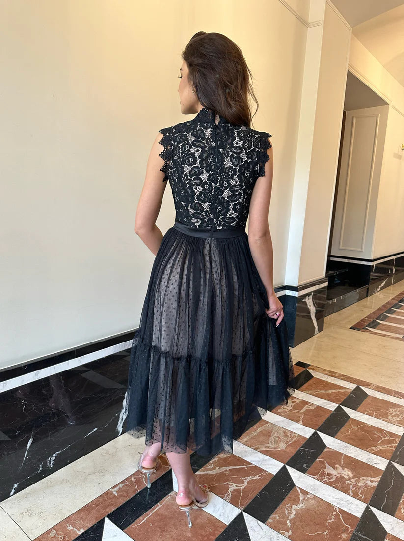 Sukienka midi tiulowa czarna z koronką Roma