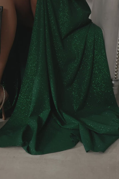 Paris - Sukienka brokatowa maxi na ramiączkach butelkowa zieleń
