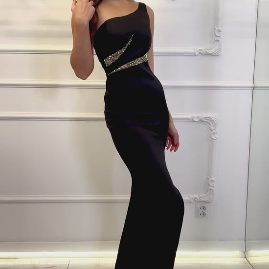 Abella - Sukienka elegancka długa na jedno ramię czarna