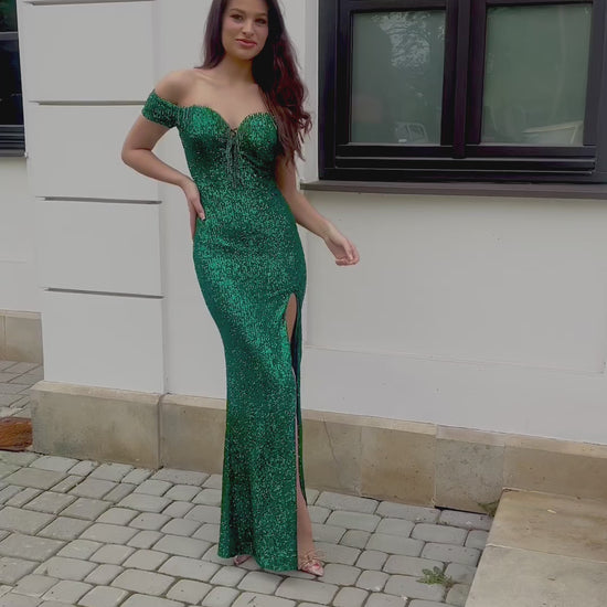 Rebeca - Sukienka cekinowa długa z odkrytymi ramionami zielona