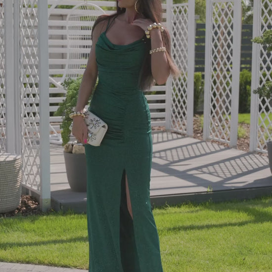 Edith - Sukienka brokatowa maxi marszczona na ramiączkach butelkowa zieleń