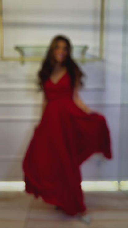 Paris - Sukienka brokatowa maxi na ramiączkach czerwona