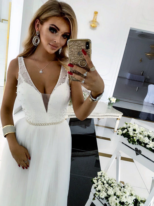 Sukienka na ślub cywilny maxi z brokatem i perełkami biała Sammy
