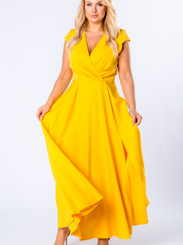 Sukienka  na wesele Plus Size Maxi kopertowa żółta
