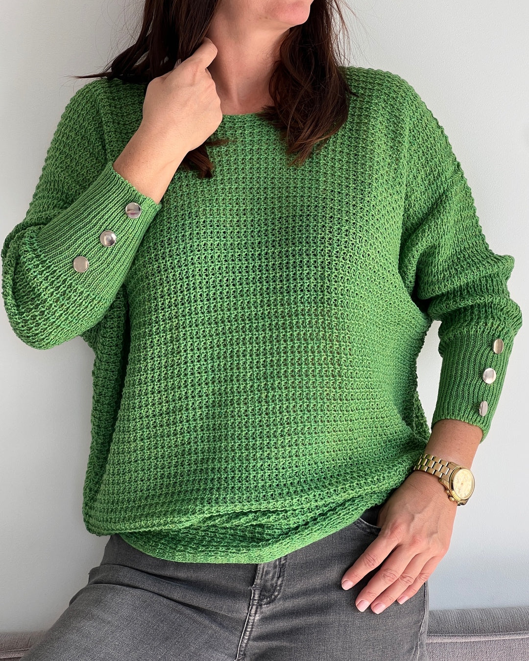 Modny Kobiecy Sweter z guzikami zielony