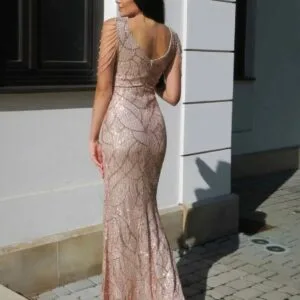 Sukienka cekinowa maxi zdobiona różowe złoto Cameleon bis